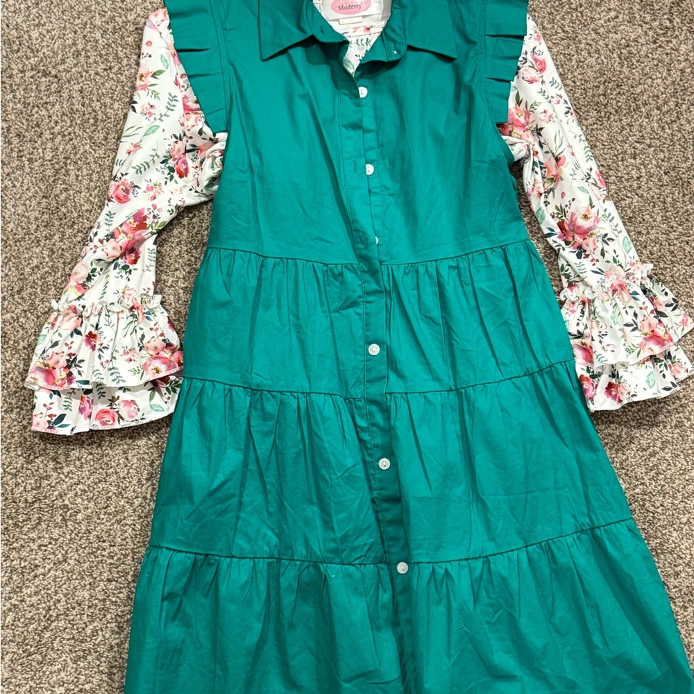 Teal Button-Down vest w sweet modesty layering shirt ruffle floral Sleeves